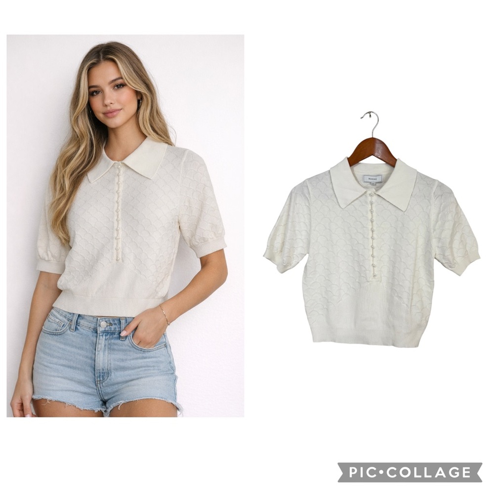 RIHOAS Ivory Shell Texture Pearl Button Short Sleeve Crop Sweater Size Small